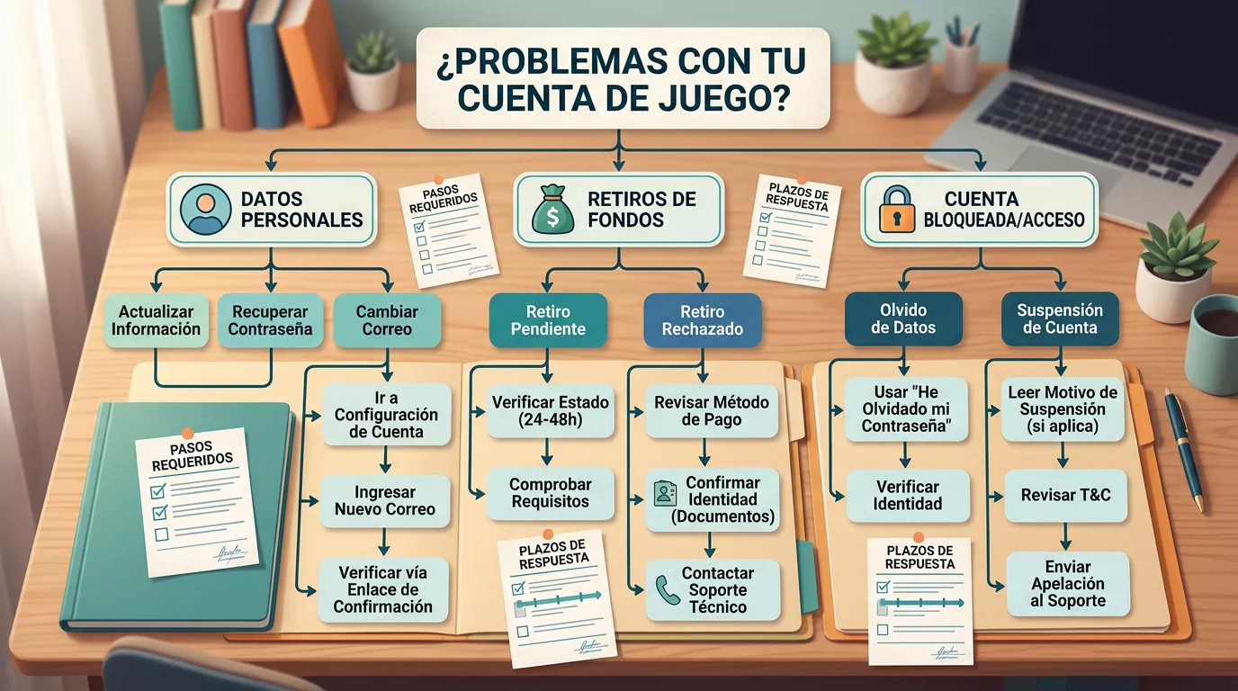 Árbol de actuación ante problemas con cuenta, retirada, datos o suplantación en juegos online
